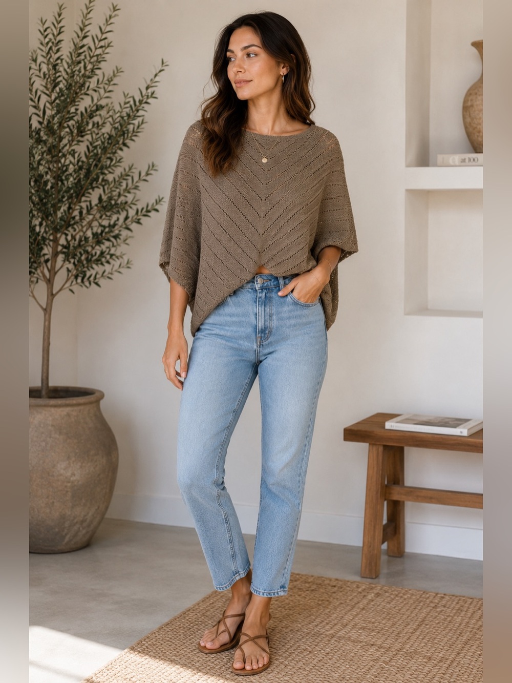 Bishop + Young Zen Sweater Olive Taupe Asymmetrical Poncho Knit Top NWT